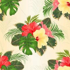 Fototapeten Seamless texture bouquet with tropical flowers Hawaiian style floral arrangement, with beautiful pink and yellow hibiscus, palm,philodendron and ficus vintage vector illustration  editable hand draw © zdenat5