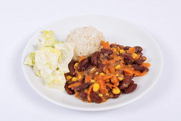 Red beans with corn and carrot, sorghum on a white