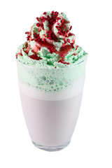 blueberry cappuccino with whipped cream and cherry topping. Isolated