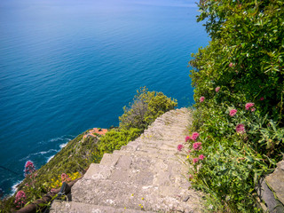 View of the old stone stairway leading to Monesteroli, a small village of fishermen in La Spezia...