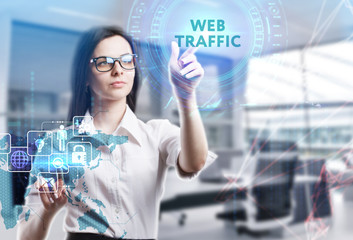 The concept of business, technology, the Internet and the network. A young entrepreneur working on a virtual screen of the future and sees the inscription: Web traffic