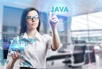 The concept of business, technology, the Internet and the network. A young entrepreneur working on a virtual screen of the future and sees the inscription: Java