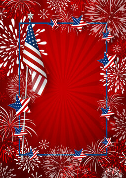 USA background design of america flag and fireworks with line frame vector illustration