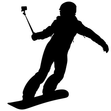 Black silhouette of a snowboarder with action camera