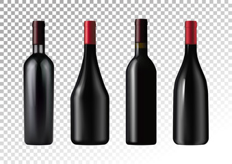 Vector illustration. Set of red wine bottles in photorealistic style. A realistic objects on a transparent background. 3D Realism.