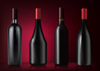 Vector illustration. Set of red wine bottles in photorealistic style. A realistic objects on dark red background. 3D Realism.