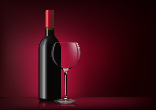 Vector image of a bottle with red wine and a glass goblet in photorealistic style on a red dark background. 3d realism illustration