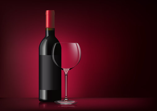 Vector image of a bottle of red wine with label and a glass goblet in photorealistic style on a red dark background. 3d realism illustration