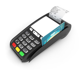 card payment terminal POS terminal with credit card and receipt isolated on white background 3d render