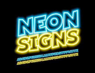 Obraz premium Vector Neon Signs. Cool contour Font. Glowing bright Alphabet Letters, Numbers and Symbols