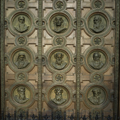 Carving on the door of St. Stephen's Basilica, Budapest, Hungary
