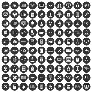 100 education technology icons set black circle