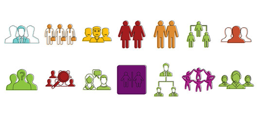 People group icon set, color outline style