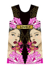 Design dress with Japanese face girl, peony flowers  Vector illustration.