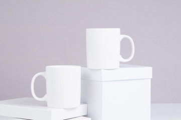 Fototapeta na wymiar two blank white coffee mug mock ups