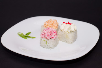 Set of sushi rolls. Asian food. Japanese restaurant. Dietary and healthy food
