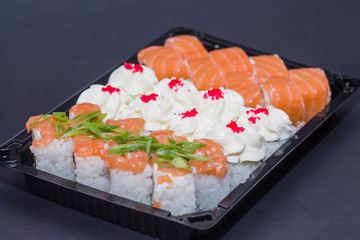 Set of sushi rolls. Asian food. Japanese restaurant. Dietary and healthy food