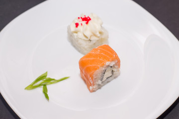 Set of sushi rolls. Asian food. Japanese restaurant. Dietary and healthy food