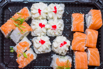 Set of sushi rolls. Asian food. Japanese restaurant. Dietary and healthy food