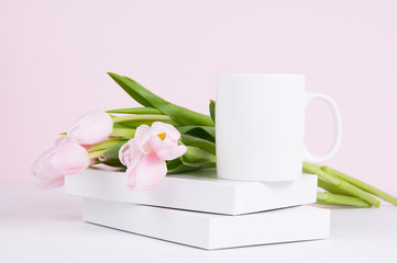 white mug mockup with spring flowers