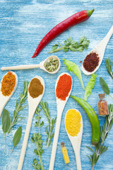 Set of spices and herbs on blue wooden background