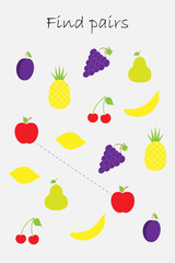 Find pairs of identical pictures, fun education game with fruit for children, preschool worksheet activity for kids, task for the development of logical thinking, vector illustration