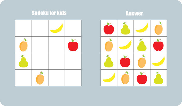 Sudoku game with fruit (apple, banana, pear, apricot) for children, easy level, education game for kids, preschool worksheet activity, task for the development of logical thinking, vector illustration