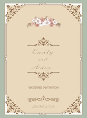 Vector wedding vintage card. Delicate pastel greeting card with flowers. Damask gold pattern. Vector illustration.