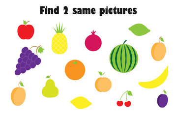 Find two identical pictures, fun education game with fruit in cartoon style for children, preschool worksheet activity for kids, task for the development of logical thinking, vector illustration
