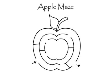 First labyrinth game, find a way out of the maze, easy level for toddlers, cartoon apple, preschool worksheet activity for kids, task for the development of logical thinking, vector illustration