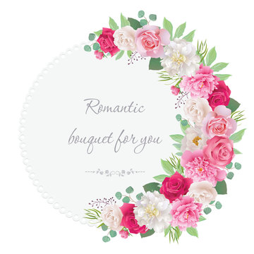 Romantic semicircle garland frame with red and pink roses, white and pink peonies. Can be used as invitation for wedding, birthday, thank you card, Valentine's Day and other holiday. EPS 10