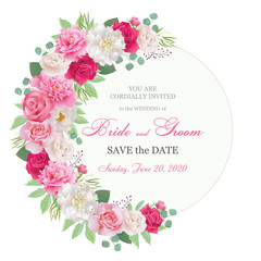 Fototapeta na wymiar Wedding invitation cards with roses and peonies.Beautiful white and red roses, pink and white peonies. (Use for Boarding Pass, invitations, thank you card.) EPS 10