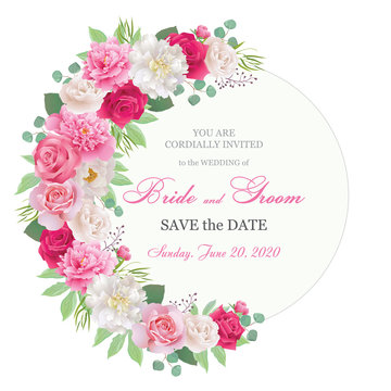 Wedding invitation cards with roses and peonies.Beautiful white and red roses, pink and white peonies. (Use for Boarding Pass, invitations, thank you card.)  EPS 10