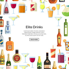 Vector background with alcoholic drinks in glasses and bottles