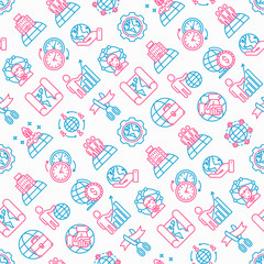 Global business seamless pattern with thin line icons: investment, outsourcing, agreement, transactions, time zone, headquarter, start up, opening ceremony. Modern vector illustration.