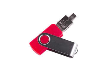Universal serial bus USB drive connected to the adapter isolated over the white background.