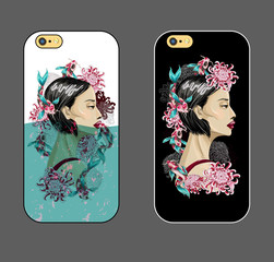 Case for phone with Japanese fashion girl in water with koi fish and flowers. Vector fashion illustration.