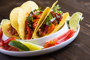 Tacos with Ground Beef and Vegetables. Healthy Mexican Food.