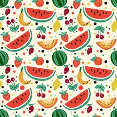 Foto op Plexiglas Seamless pattern of fruits, watermelon, melon, strawberry, cherry, plum, kiwi. © Yumeee