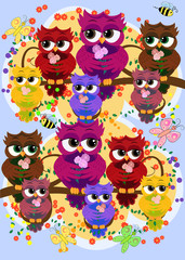 A family of colorful, bright, lovely cartoon owls on the branches of flowering trees. Moms, dads, children. Card