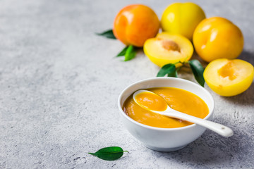 Roasted yellow plum vanilla sauce in ceramic bowl  and fresh golden plums on concrete background....