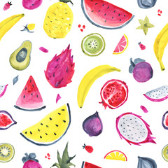 Seamless Tropical pattern of exotic fruit. Hand drawn food design