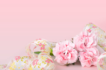 Fototapeta na wymiar mothers day backgrounds, pink carnations on the pink background