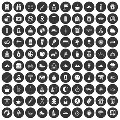 100 family camping icons set black circle