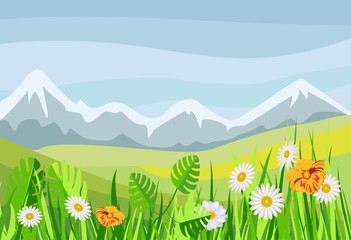 Vector illustration of spring green meadow and hills, flowers, grass and mountains in a pretty landscape