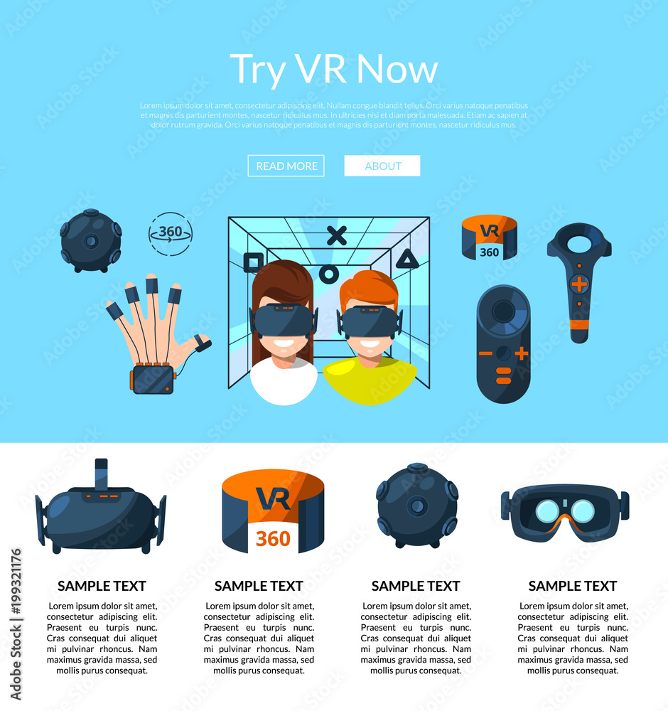 Poster vector website page template with flat style virtual reality elements