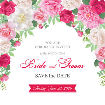Wedding invitation cards with roses and peonies.Beautiful white and red roses, pink and white peonies. (Use for Boarding Pass, invitations, thank you card.) Vector illustration. EPS 10