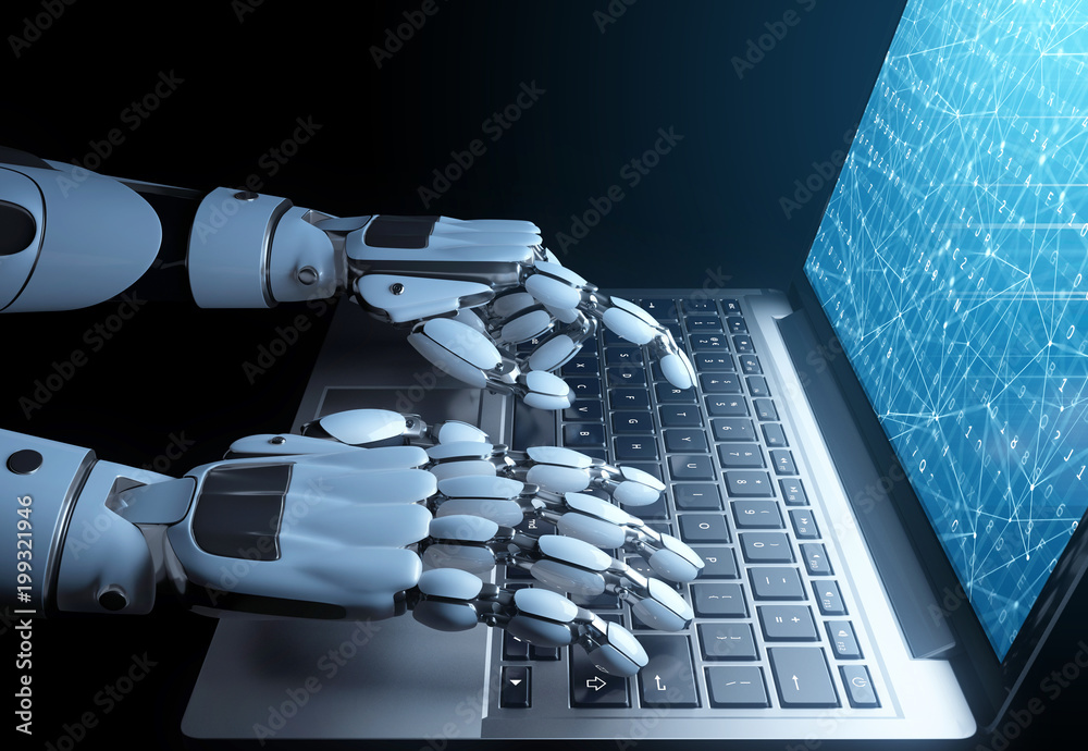Wall mural robot writing a programming code on laptop. 3d illustration. side view.