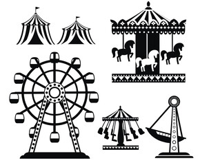 Black silhouette. Set of carnival circus icons. Amusement park collection. Tent, carousel, ferris wheel, pirate ship. Cartoon style design. Vector illustration isolated on white background © Alfmaler