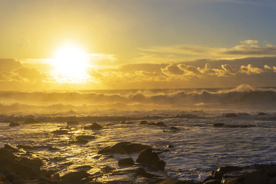 Waves on the coast at sunset